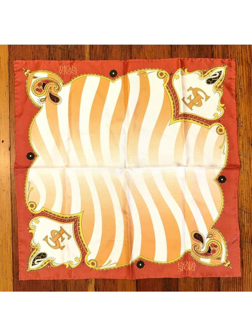 ESCADA SPORT All SILK SCARF Stripes Paisley MEDALLIONS 17.5x18" Orange Gold